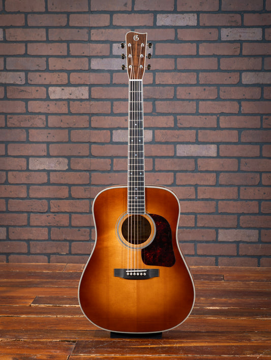 Gallagher Doc Watson Model acoustic guitar with dreadnought body, jumbo frets, vintage aesthetic, and glossy nitrocellulose lacquer. 